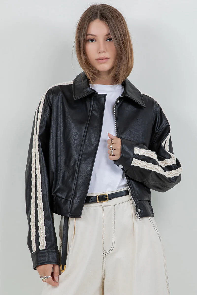 Lace trim leather jacket
