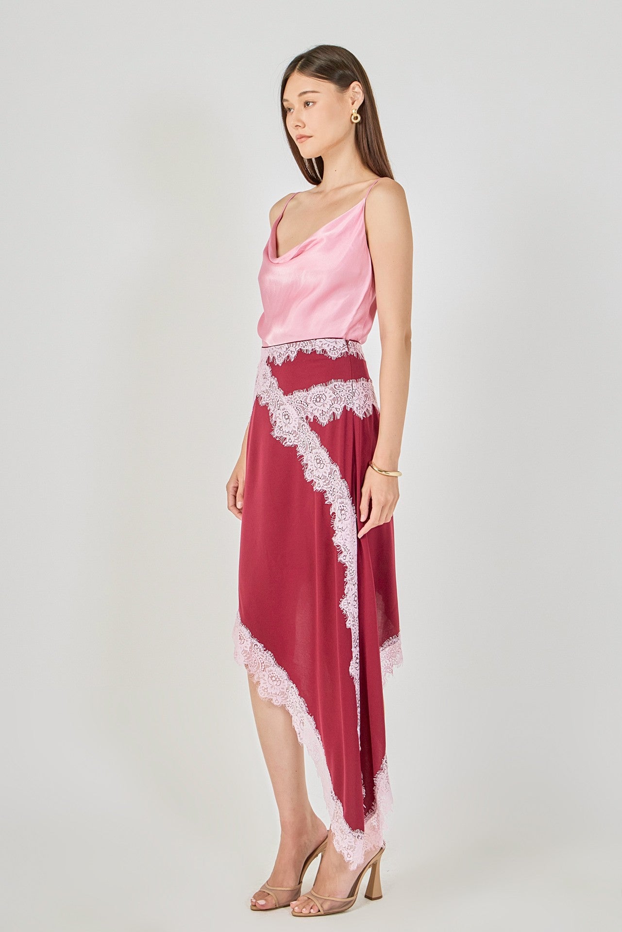 Asymmetrical Lace Trim Midi Skirt