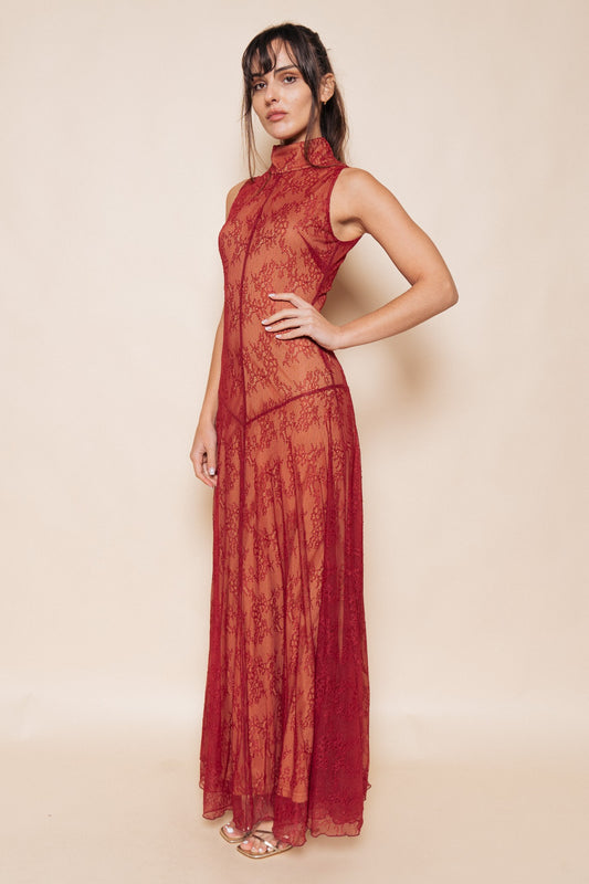 Mock Neck Lace Maxi Dress