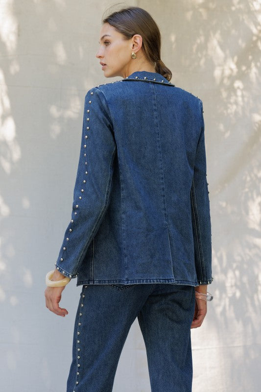 Pearl Studded Denim Blazer