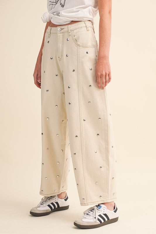 Cream Stud Barrel Pants