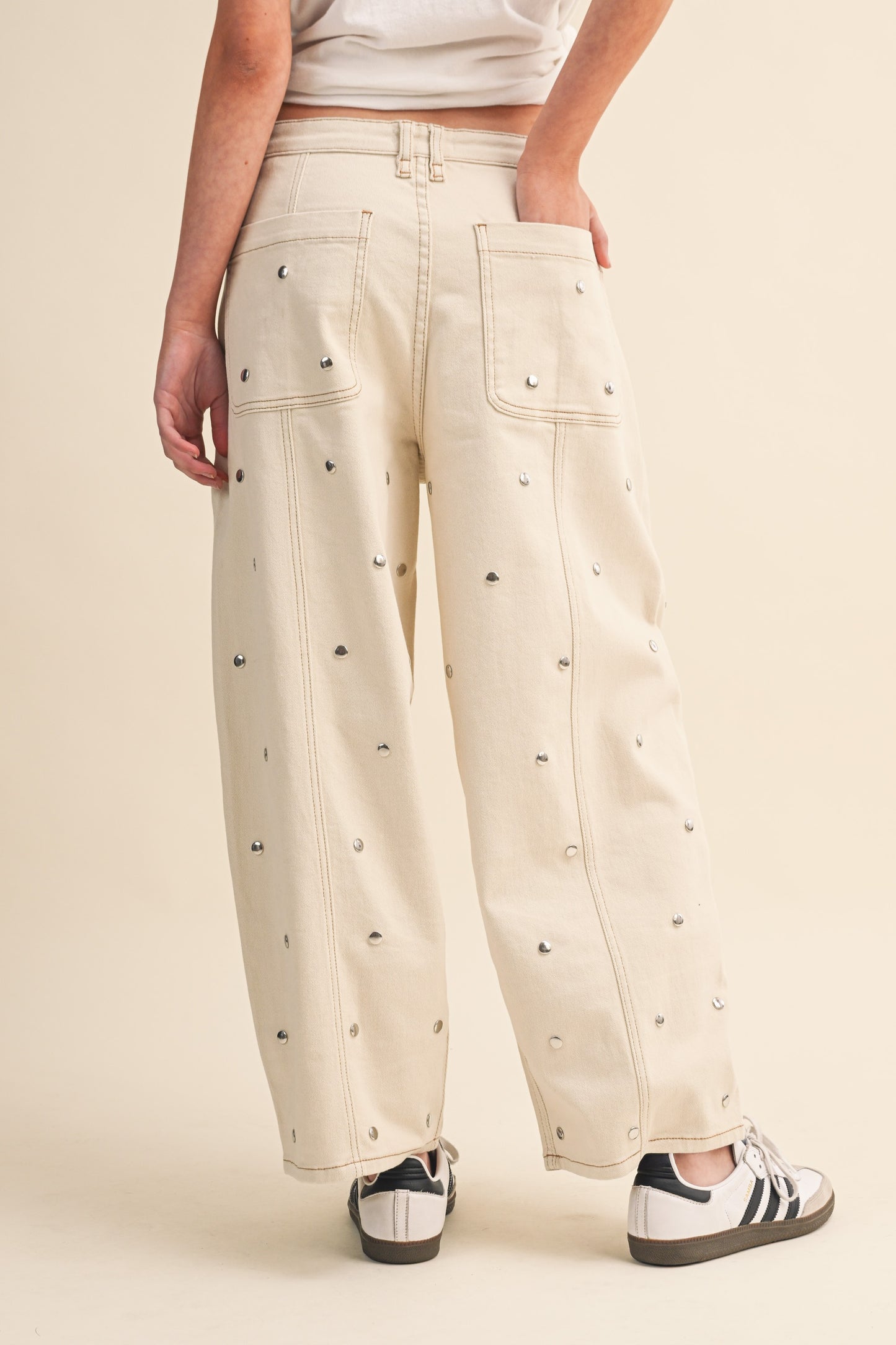 Cream Stud Barrel Pants