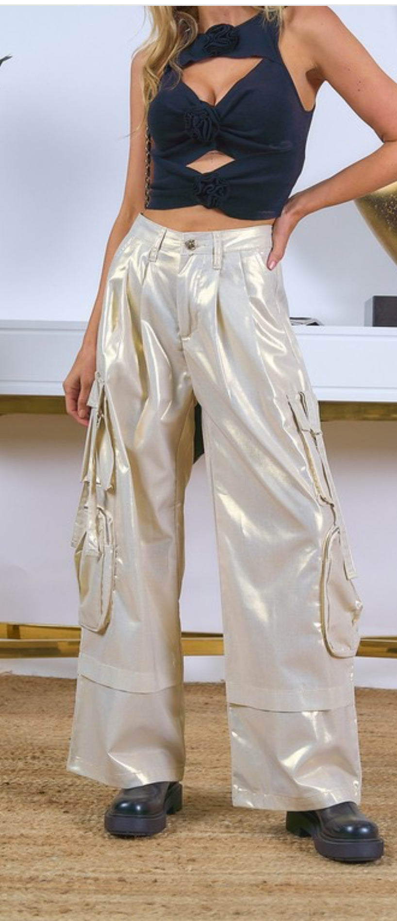 Beige Metallic Cargo Pants
