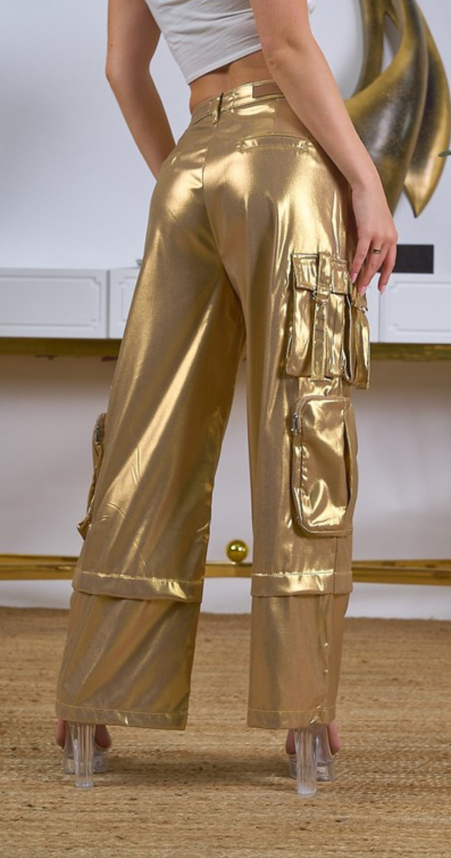 Gold Metallic Cargo Pants