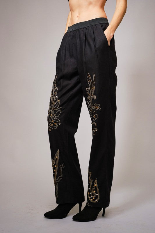 Twill Embroidered Studded Pants