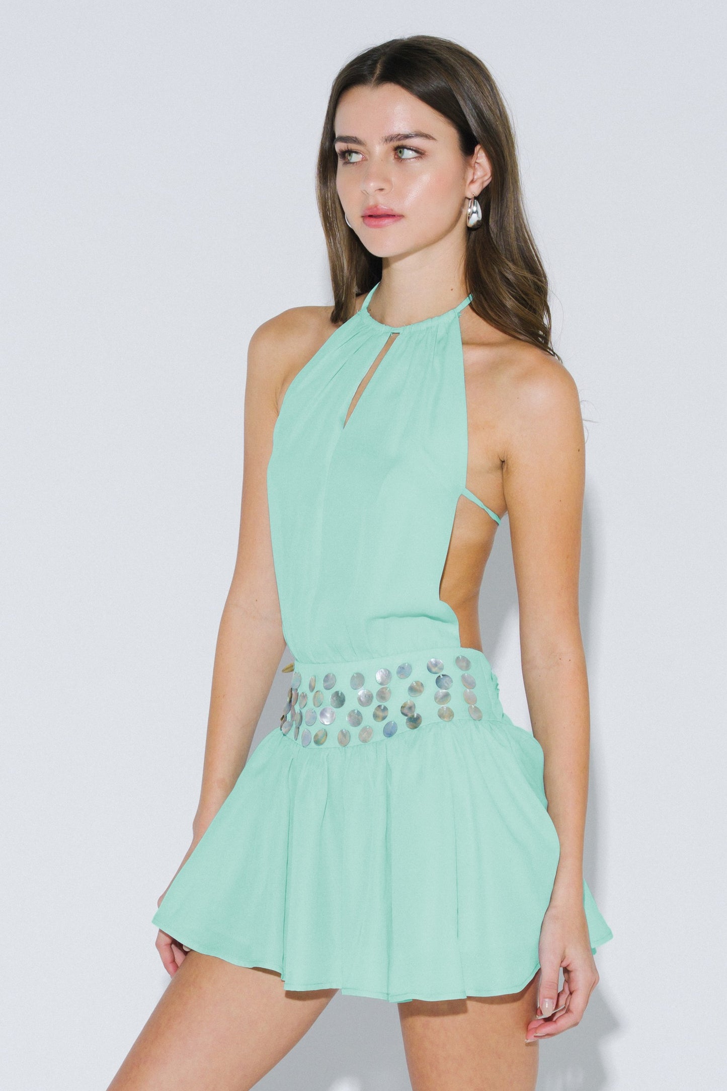 Shell Waist Halter Open Back Dress