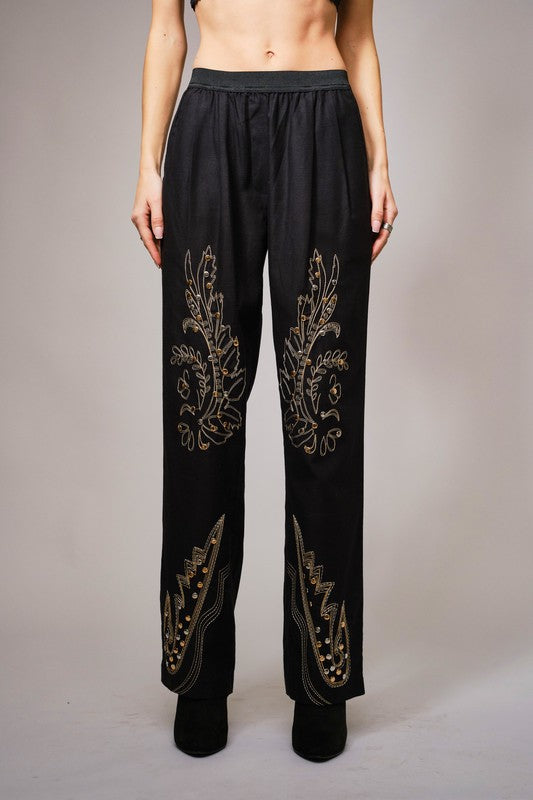 Twill Embroidered Studded Pants