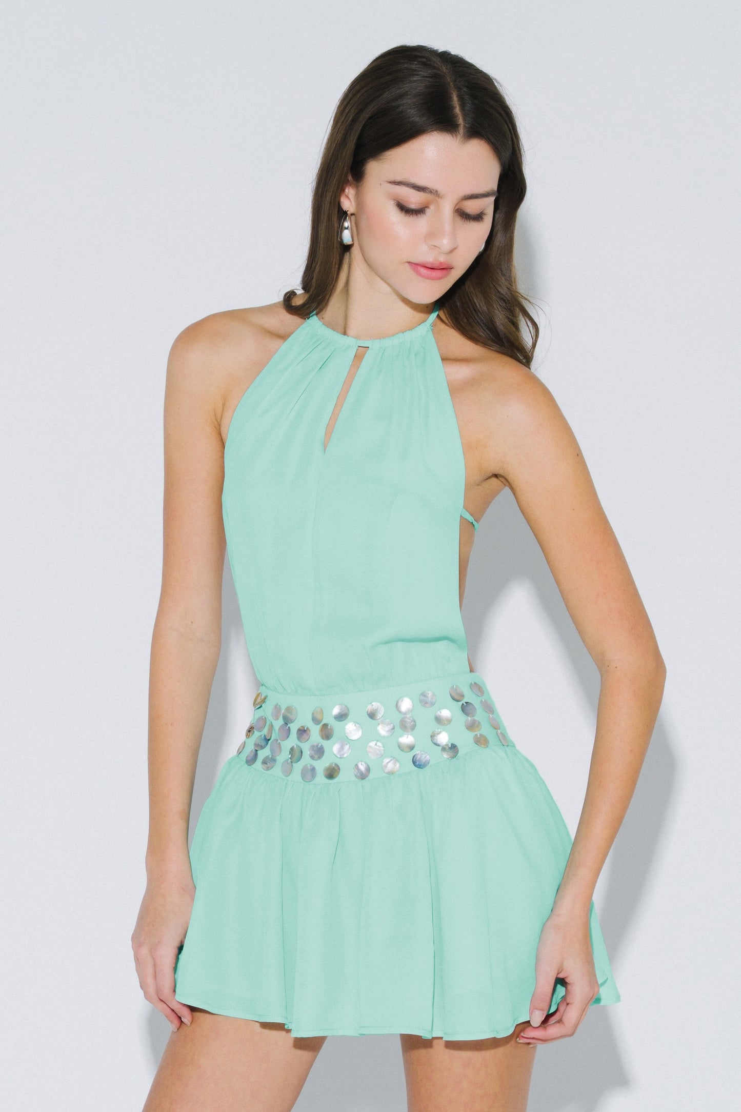 Shell Waist Halter Open Back Dress
