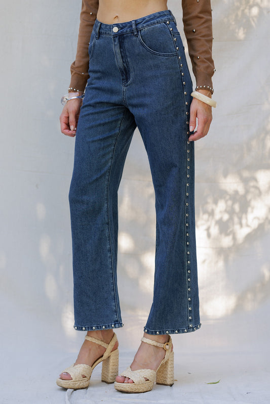 Studded High-Waisted Denim Pants