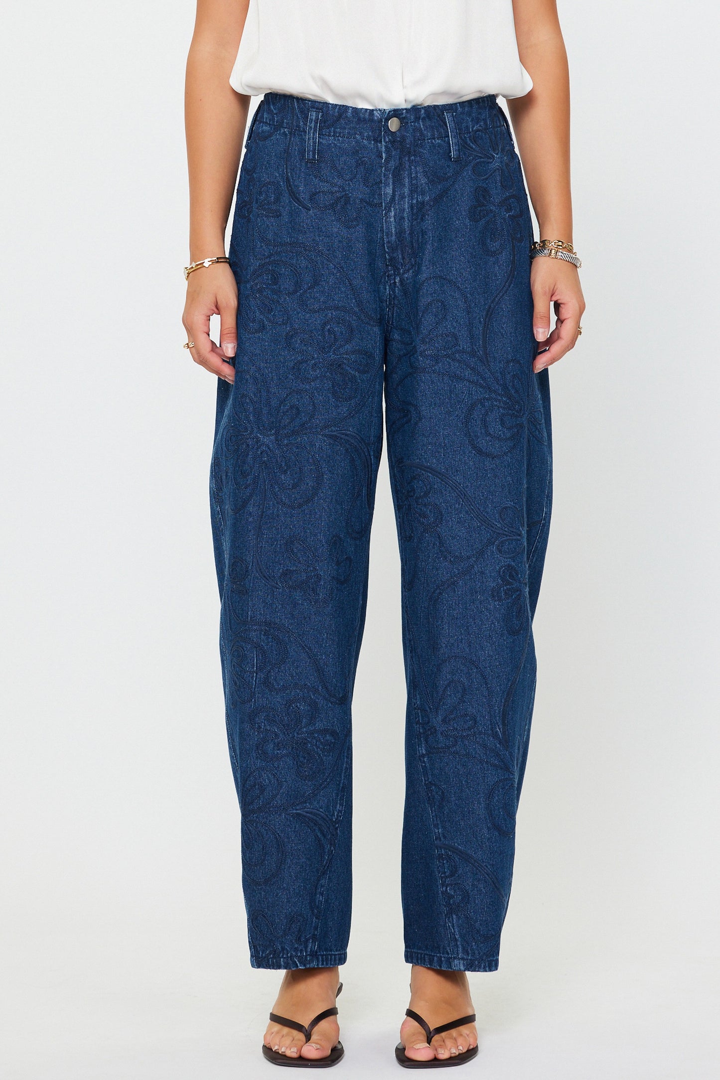 Denim Flower Barrel Pants