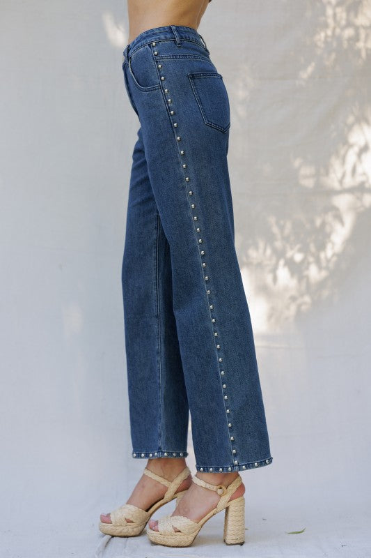 Studded High-Waisted Denim Pants