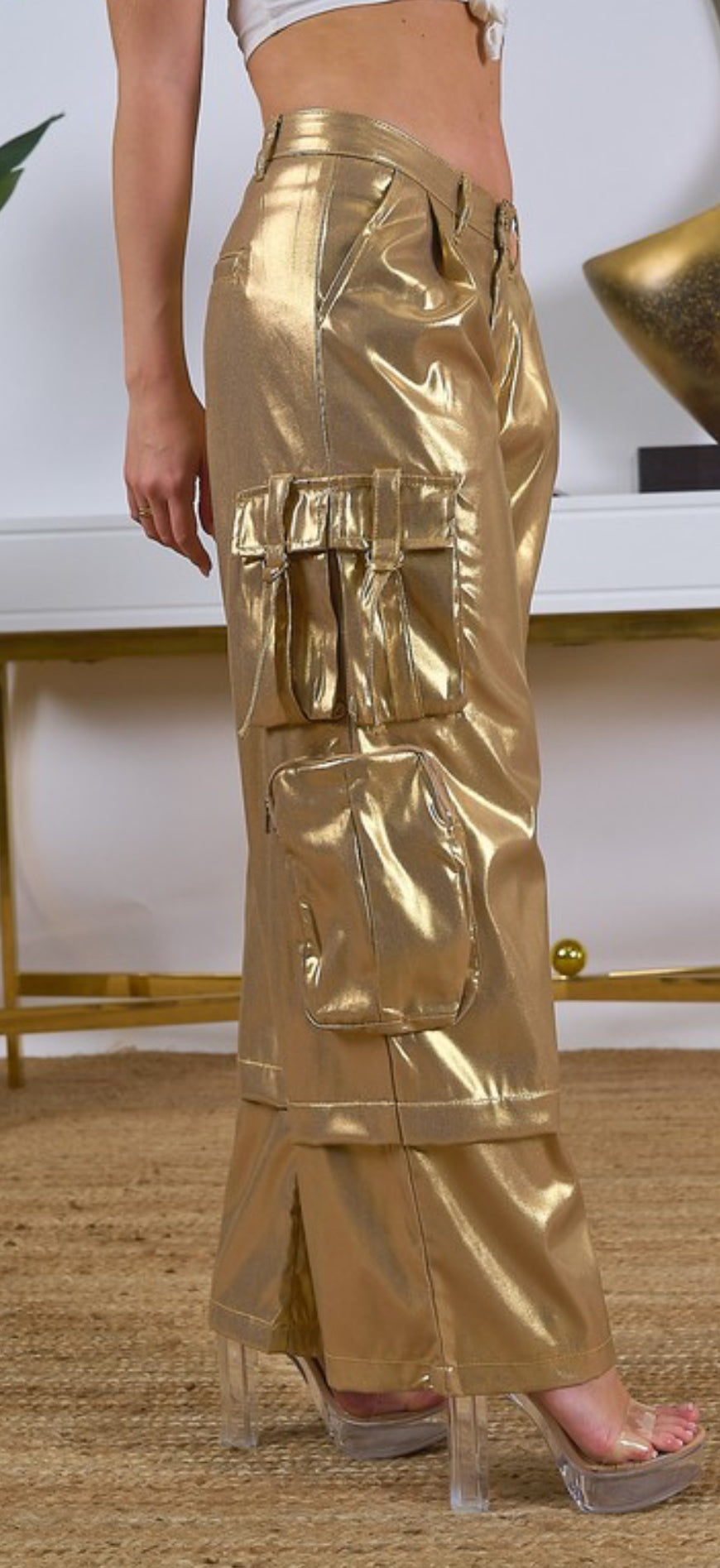 Gold Metallic Cargo Pants