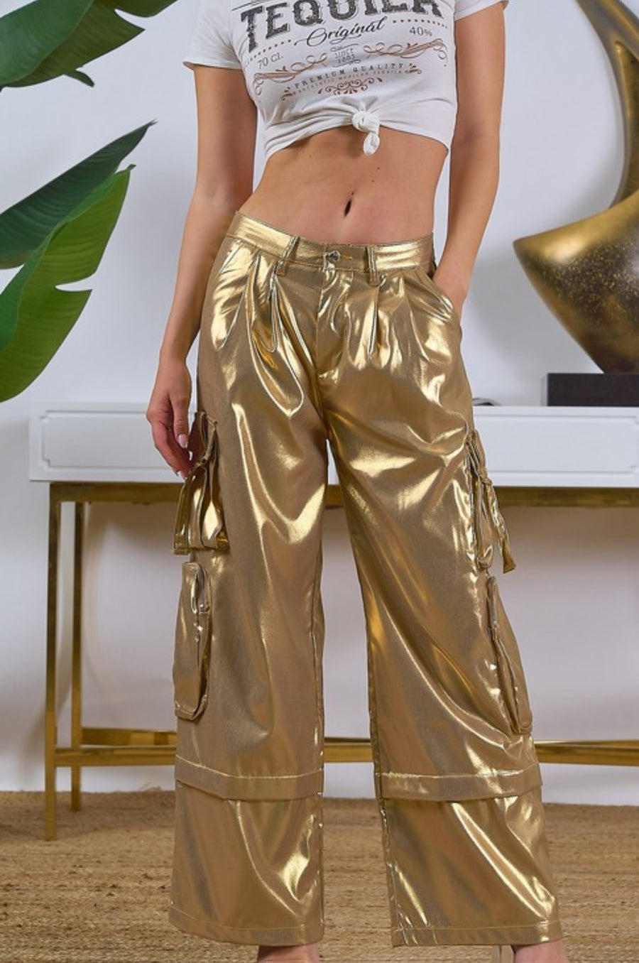 Gold Metallic Cargo Pants