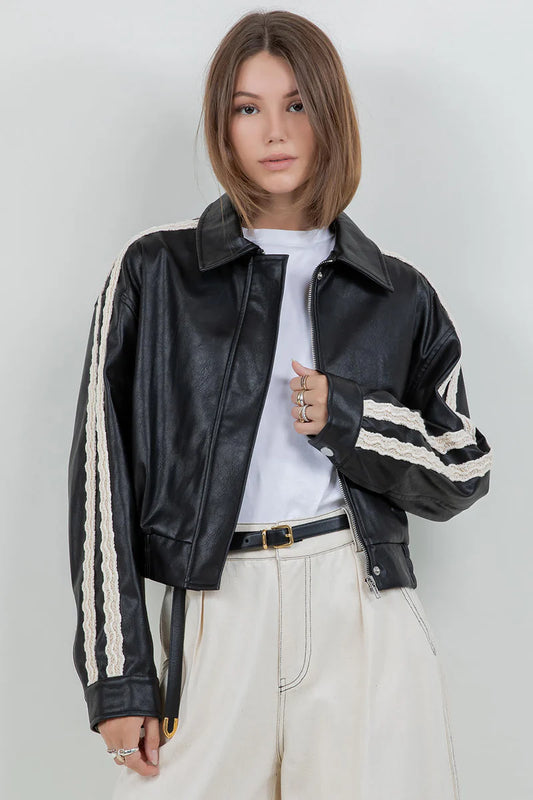 Lace trim leather jacket