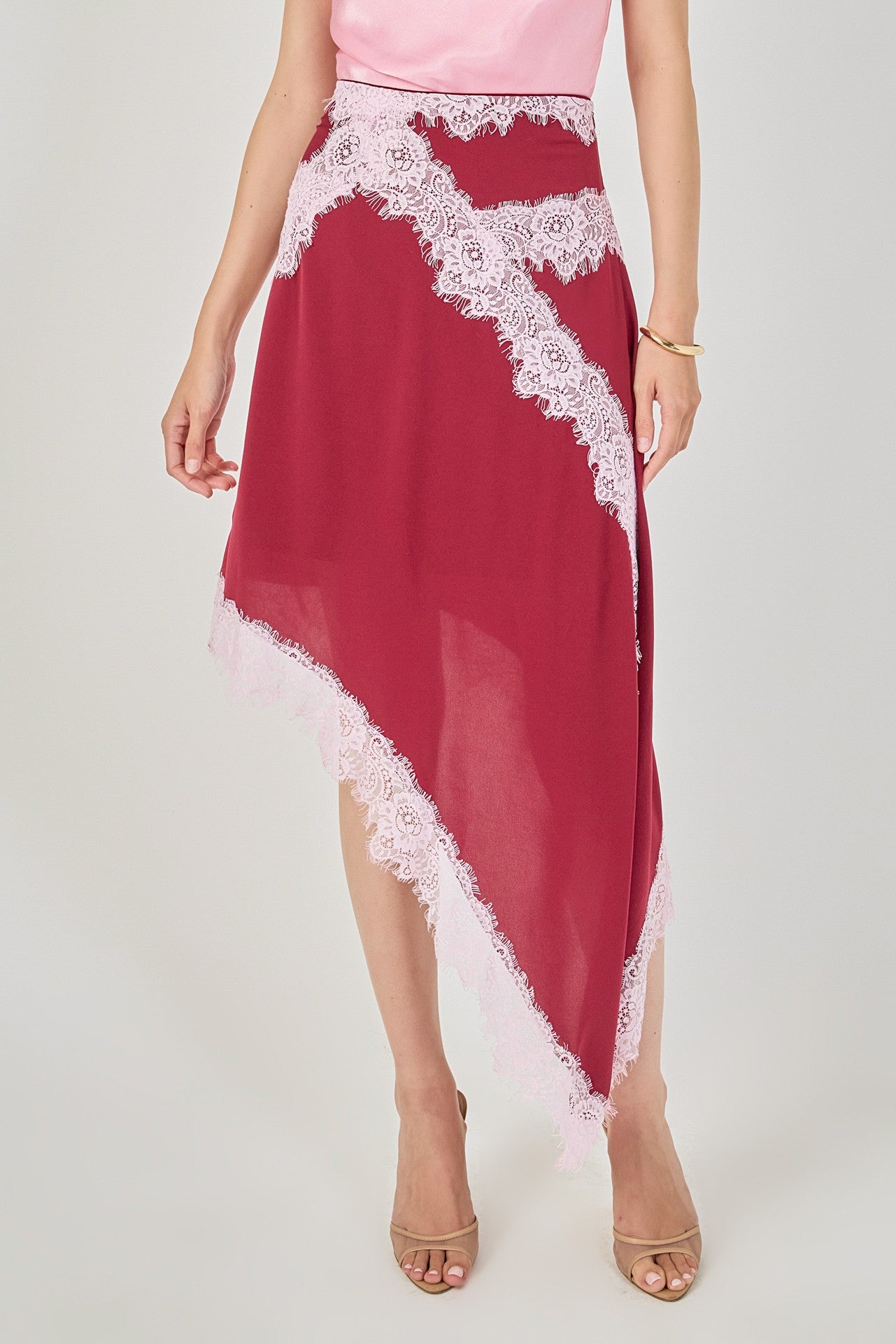 Asymmetrical Lace Trim Midi Skirt