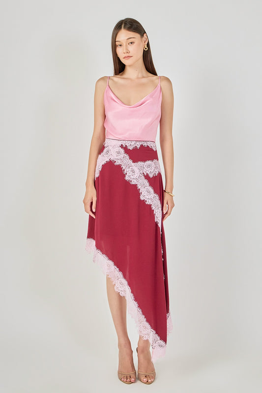 Asymmetrical Lace Trim Midi Skirt