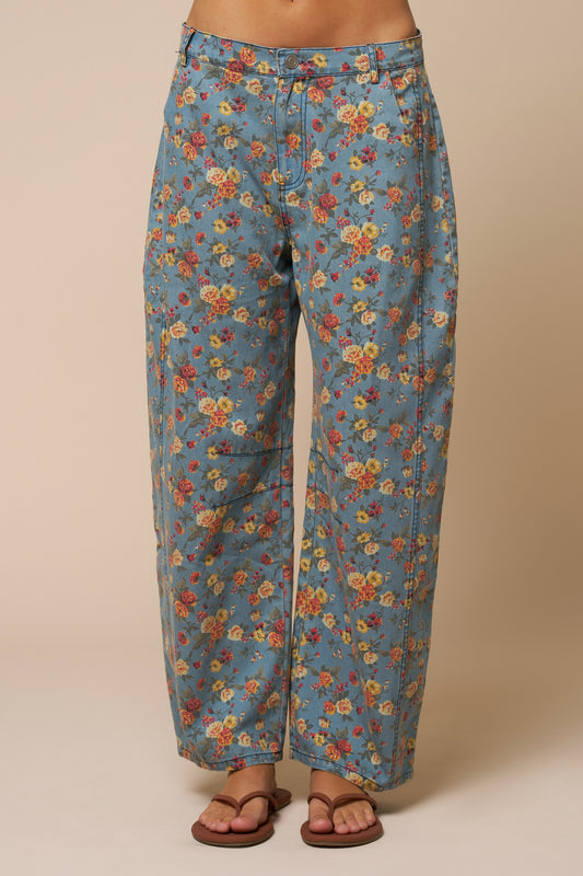 Floral Denim Barrel Pants