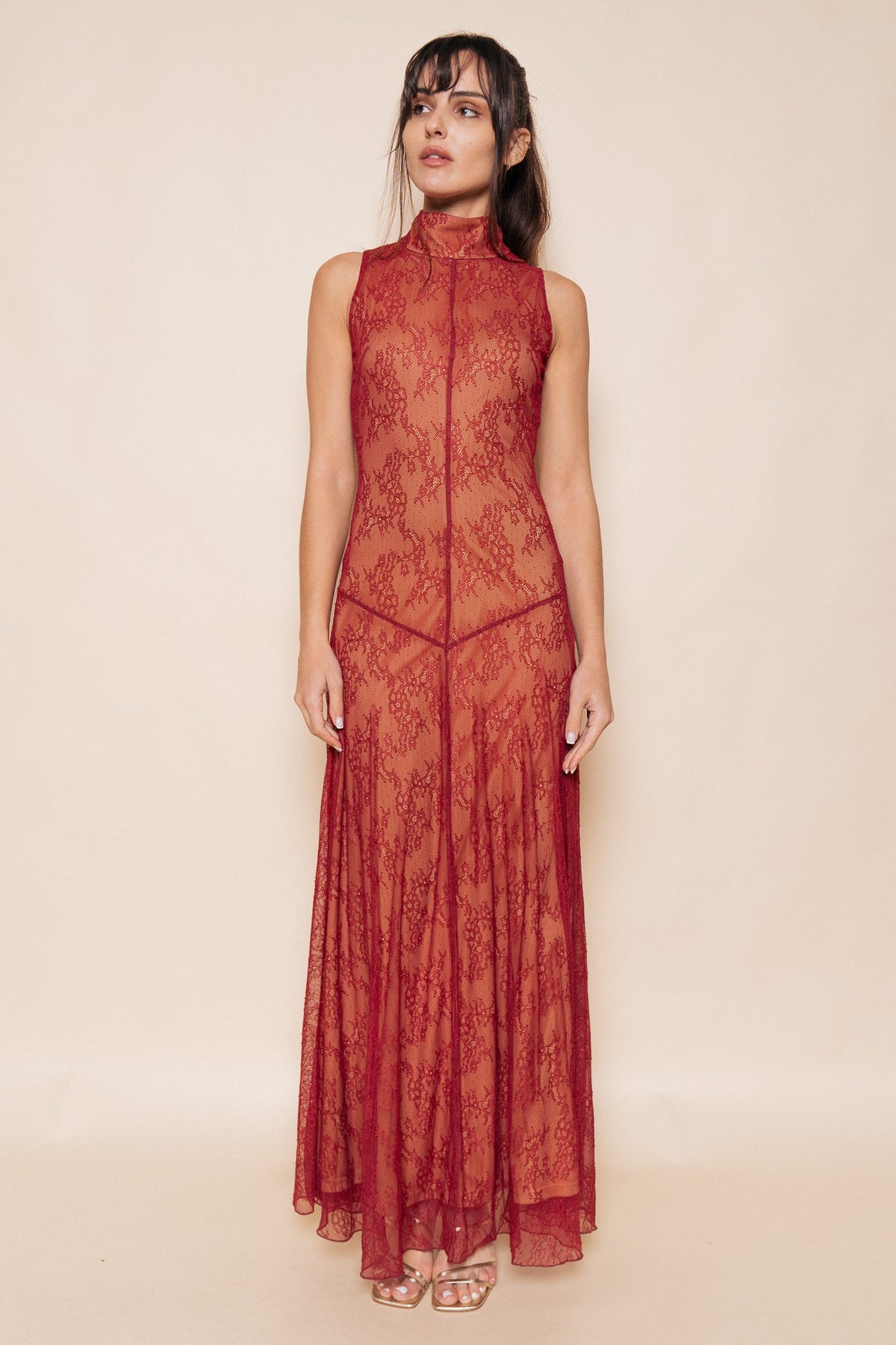 Mock Neck Lace Maxi Dress