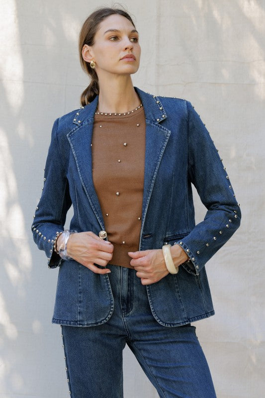 Pearl Studded Denim Blazer