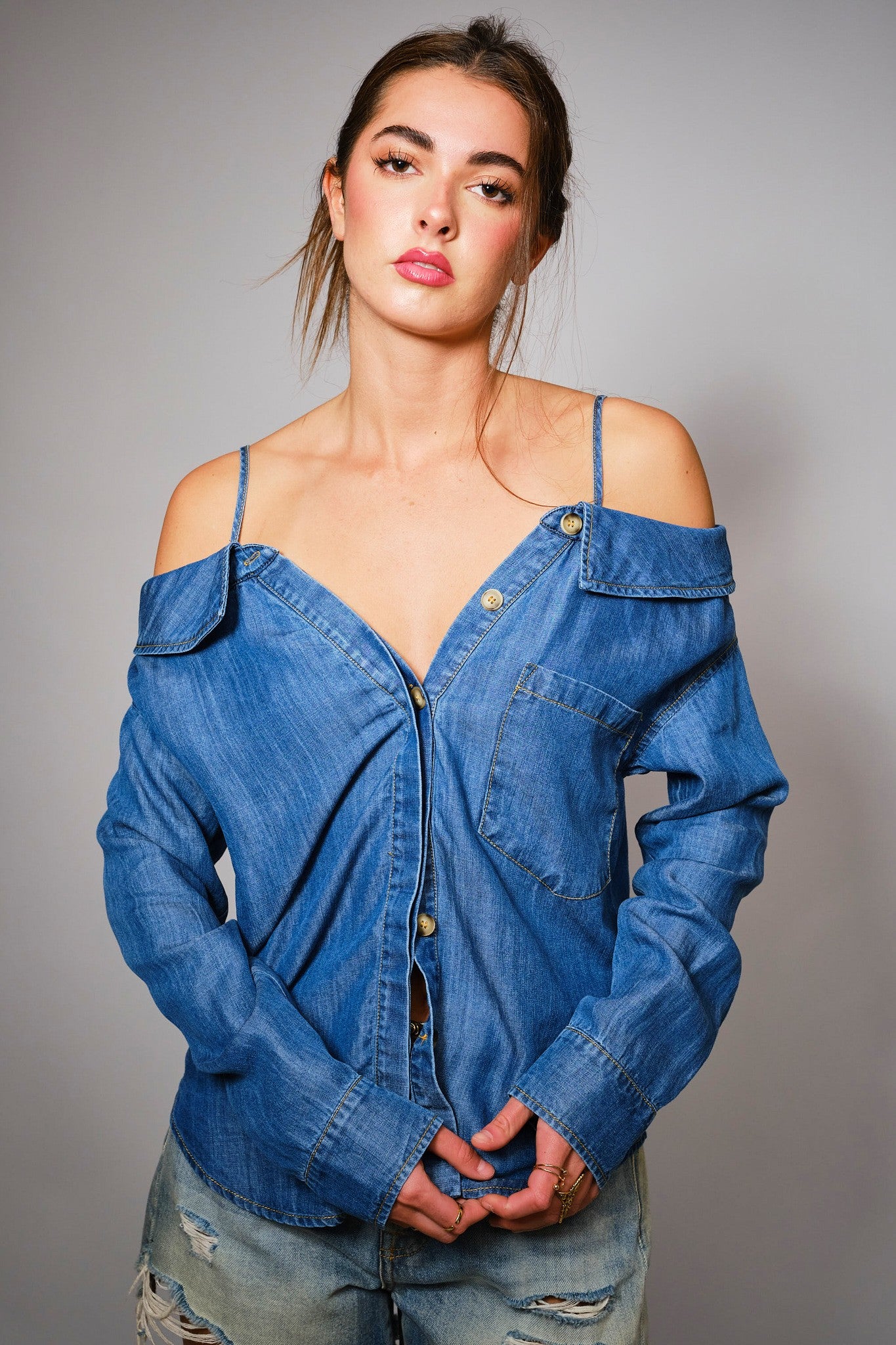 Off Shoulder Denim Button-up Shirt