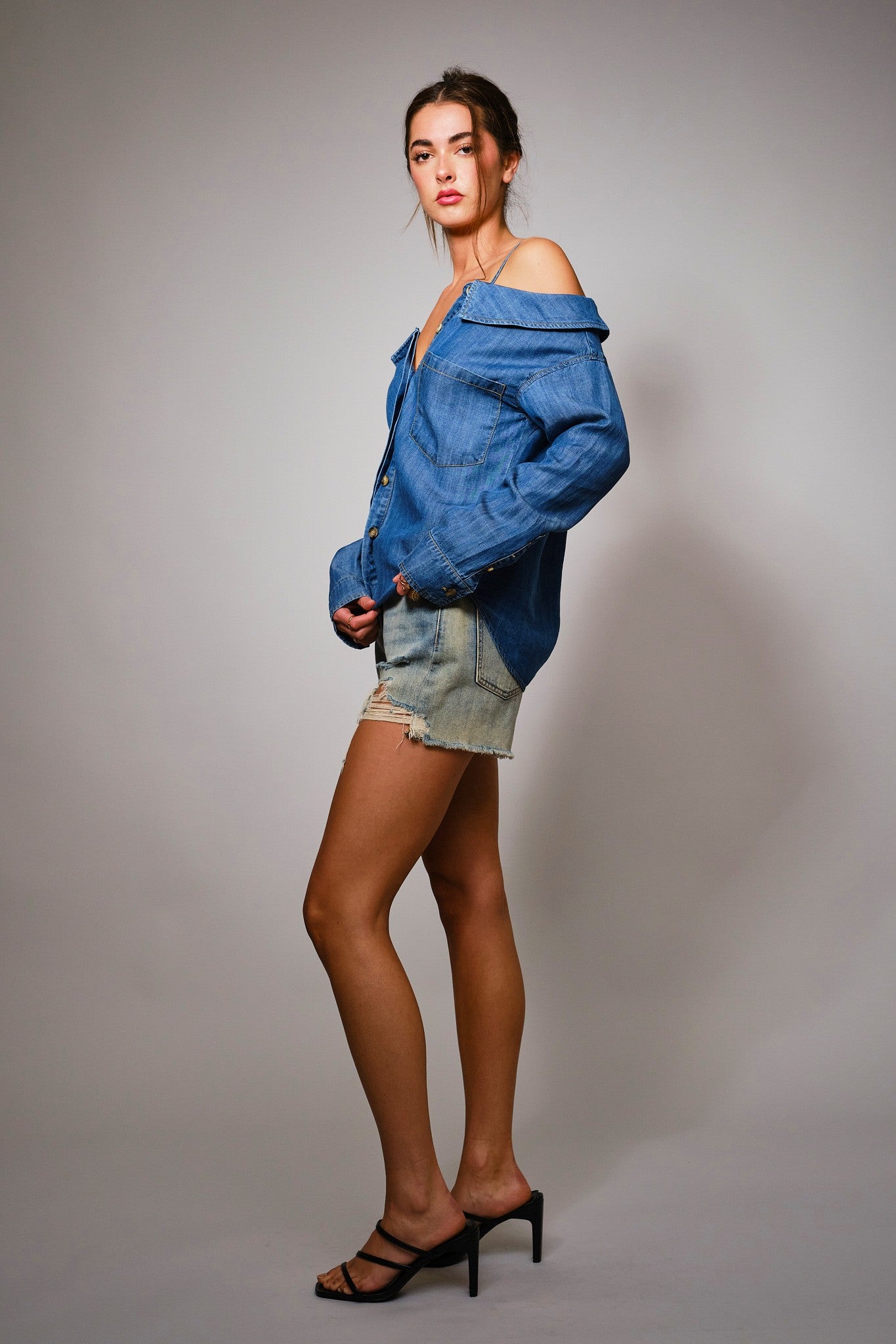 Off Shoulder Denim Button-up Shirt
