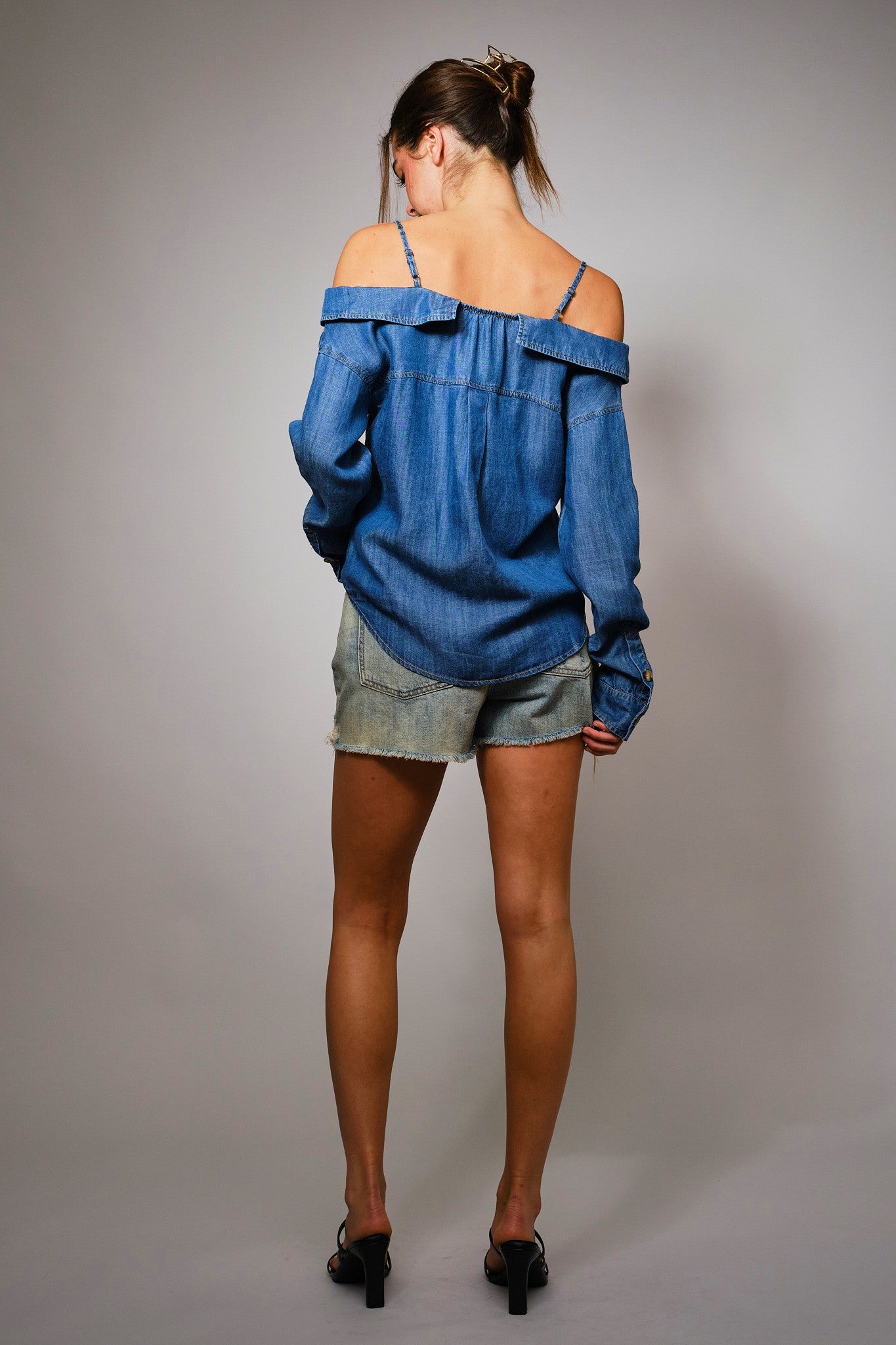 Off Shoulder Denim Button-up Shirt