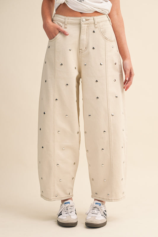 Cream Stud Barrel Pants