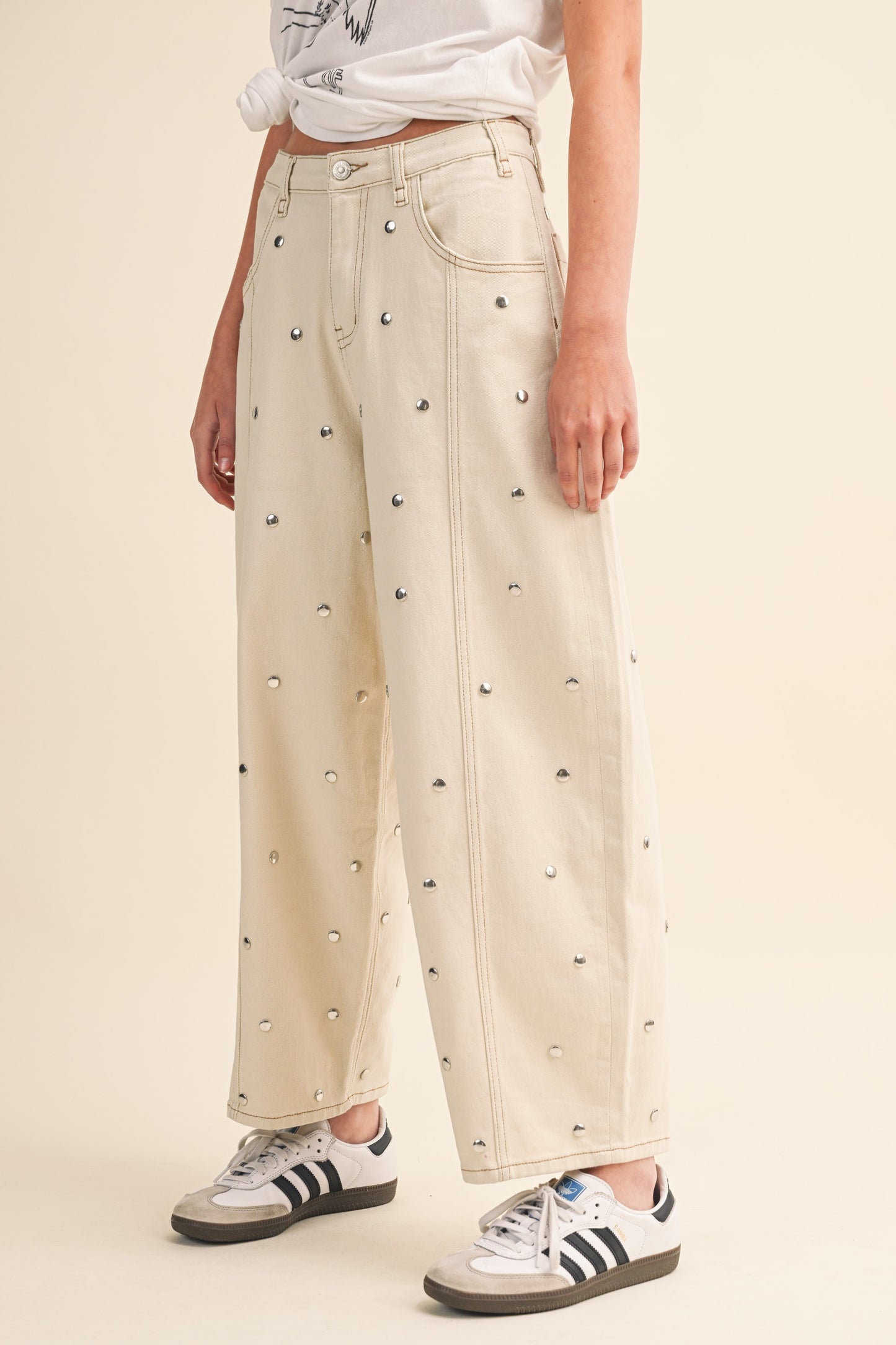 Cream Stud Barrel Pants