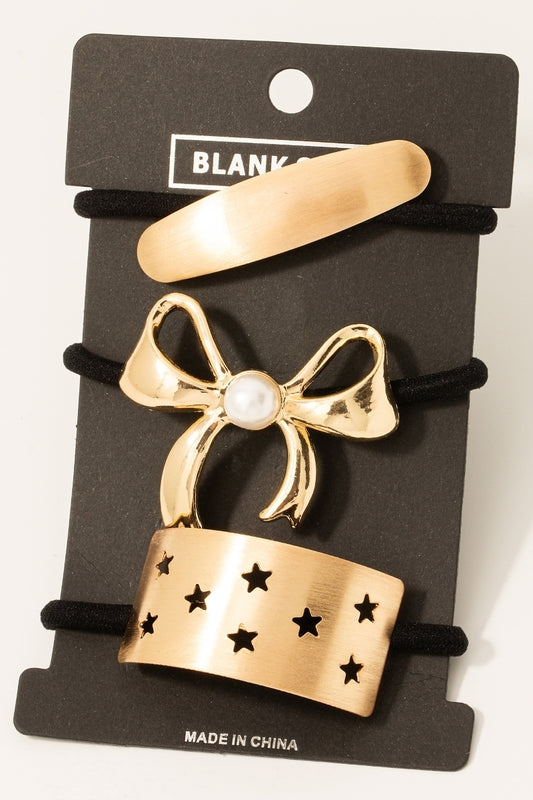 Pearl Ribbon Bar And Stars Hair Tie Set