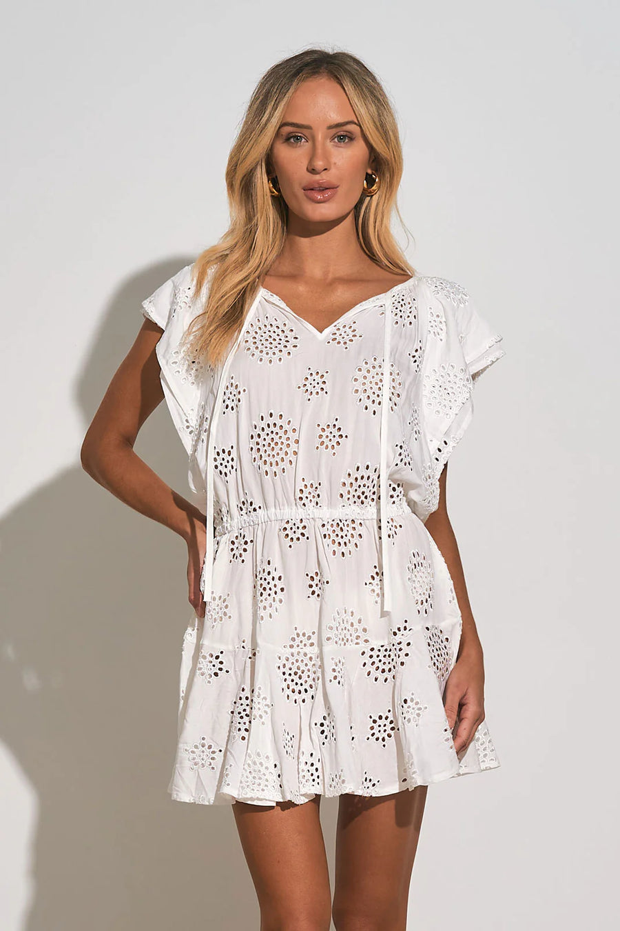 White Eyelet Short Sleeve Mini Dress