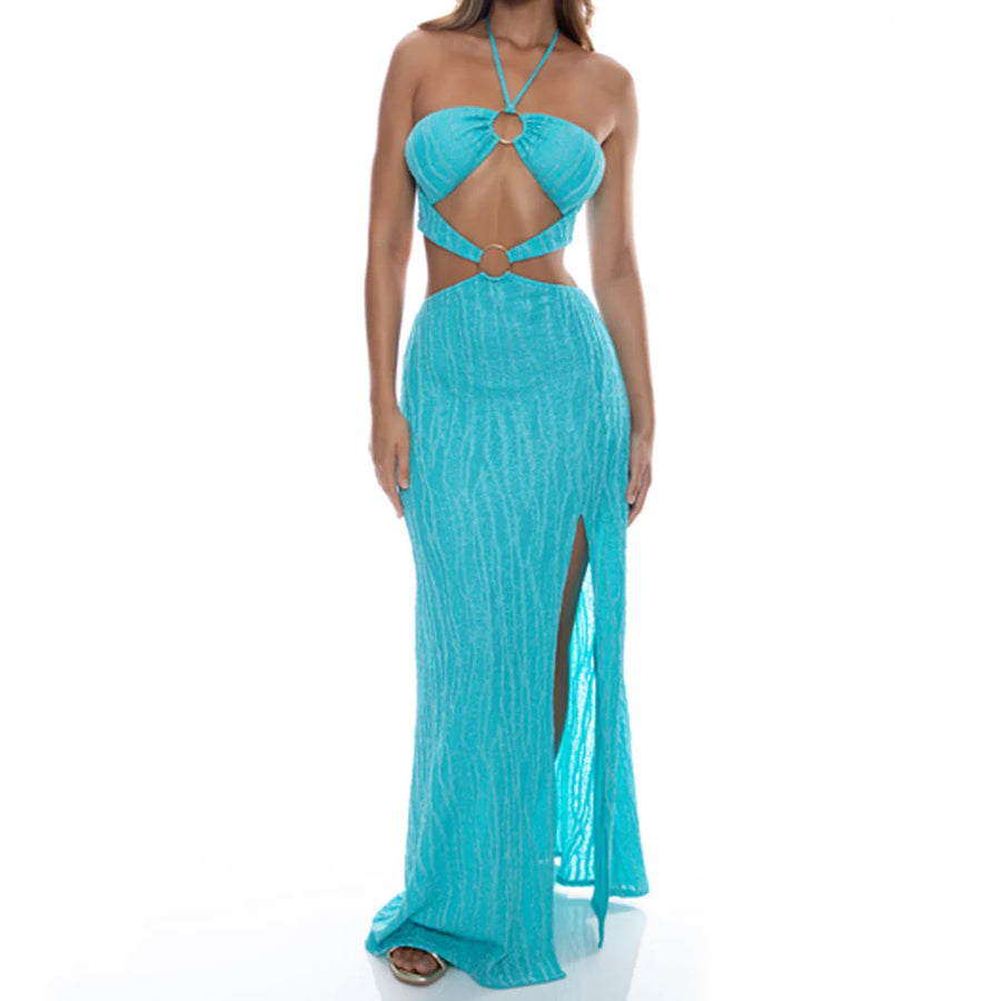 Wave Chaser Aqua Double Loop Bandeau Long Dress