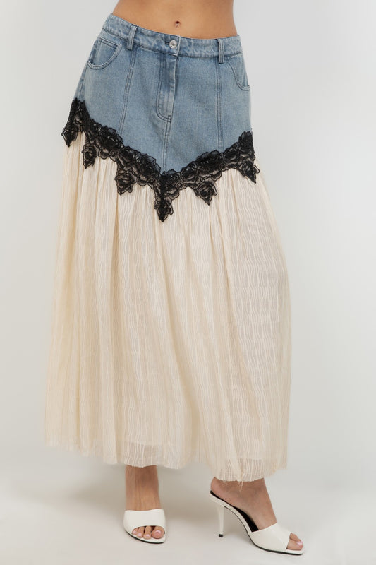 Contrast Denim Lace Skirt