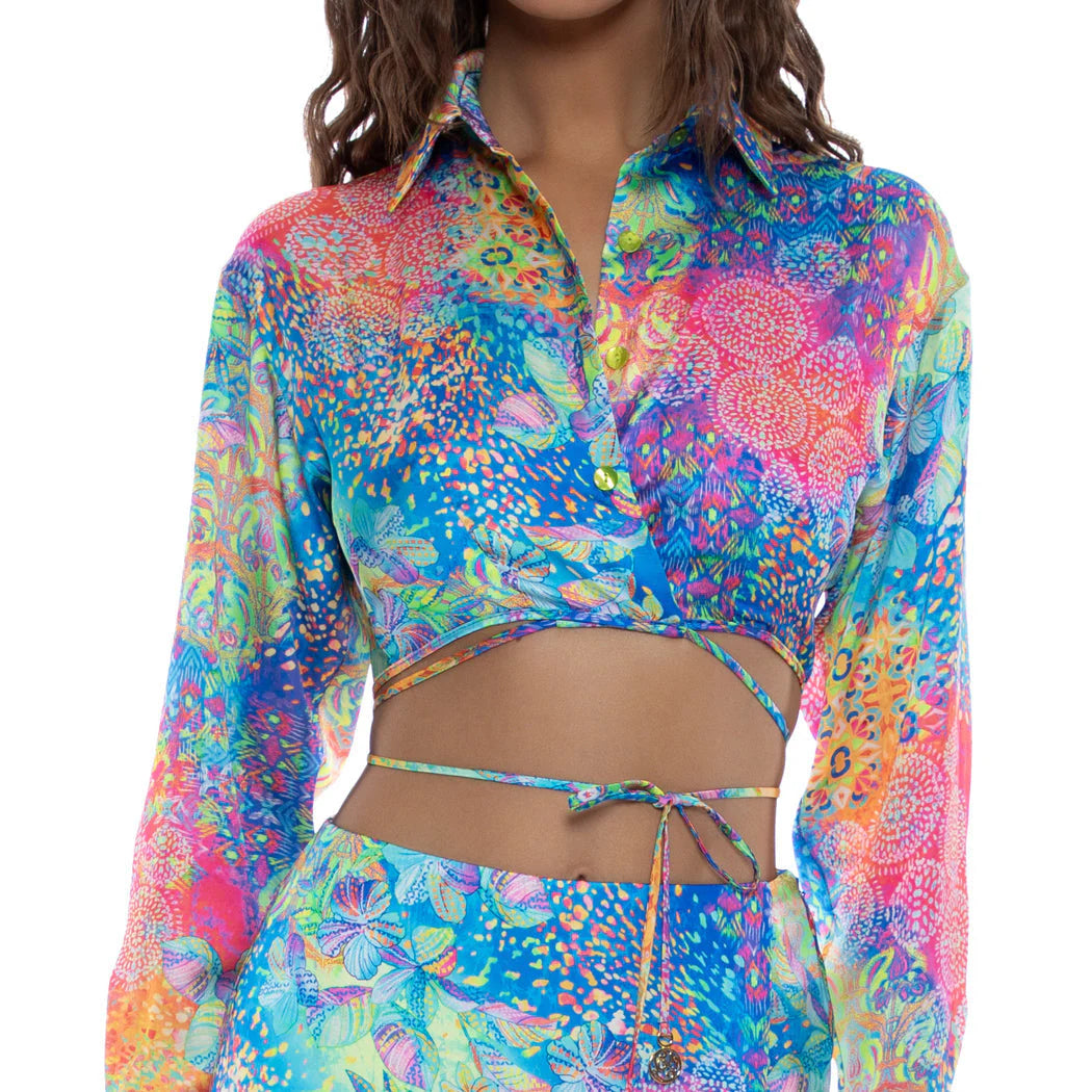 Deco Gardens Collared Wrap Crop Top