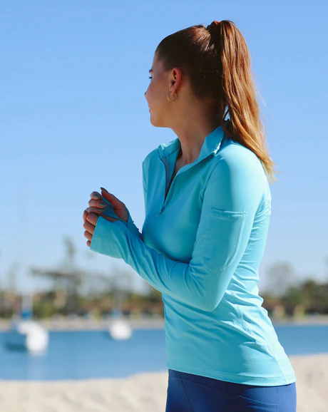 LIGHT TURQUOISE WOMEN'S MOCK ZIP TOP